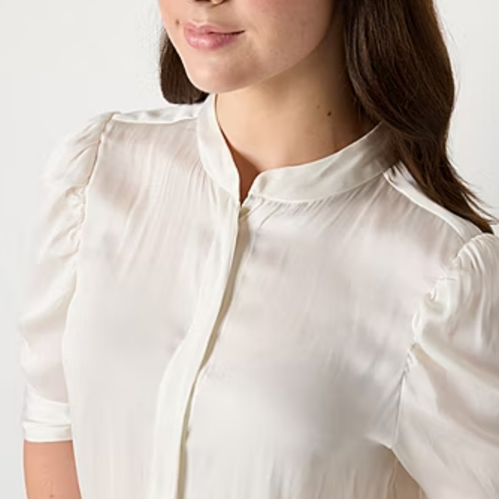 Worthington White Button Down Shirt with Boxy Fit and Mandarin Collar - Picture 11 of 11